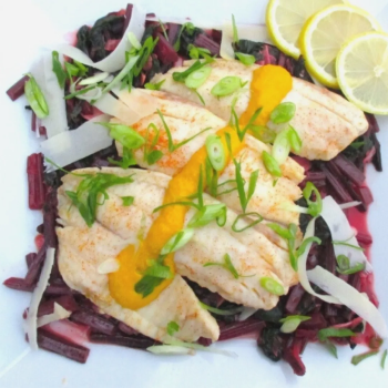 Fish with Sautéed Beet Leaves and Yellow Sauce